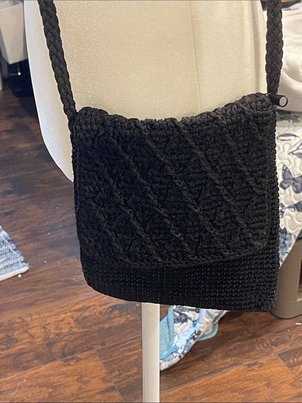 Hand-Knit Black Crossbody Bag with Braided Strap 8x9”